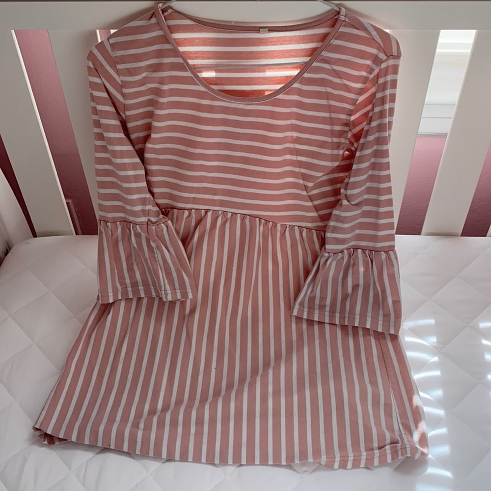 Pink Striped 3/4 Ruffle Sleeve Maternity Top